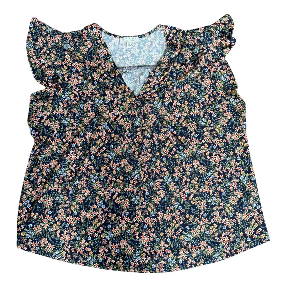 Chaus Blouse Women XL Navy Blue Multi Excellent Floral Flutter Sleeve V-Neck Top